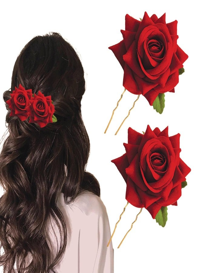 ETSAP (2pcs) Hair Accessories For Women & Girls - Stylish Red Rose Artificial Flowers Bun Juda U Pins & Clips for Style & Decoration - Bridal Brooch & Braid for Hairstyle of Bride, Wedding & Party - Image 1