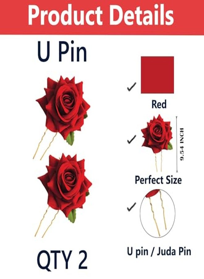ETSAP (2pcs) Hair Accessories For Women & Girls - Stylish Red Rose Artificial Flowers Bun Juda U Pins & Clips for Style & Decoration - Bridal Brooch & Braid for Hairstyle of Bride, Wedding & Party - Image 3