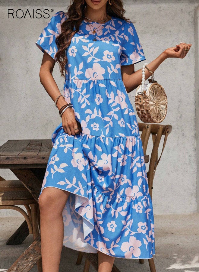 رويس فستان نسائي أنيق بأكمام قصيرة ورقبة دائرية مزين بالزهور، فستان متوسط الطول متعدد الطبقات مزين بكشكشة، فستان فضفاض كاجوال محتشم، مناسب للعطلات، أزرق - Image 4