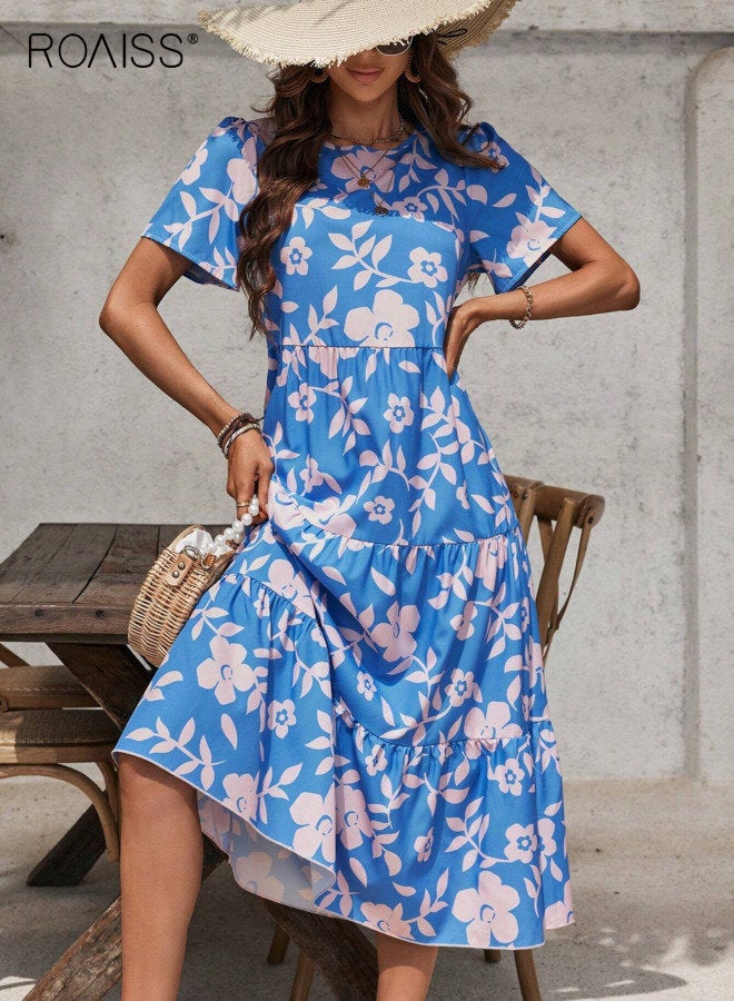 رويس فستان نسائي أنيق بأكمام قصيرة ورقبة دائرية مزين بالزهور، فستان متوسط الطول متعدد الطبقات مزين بكشكشة، فستان فضفاض كاجوال محتشم، مناسب للعطلات، أزرق - Image 5