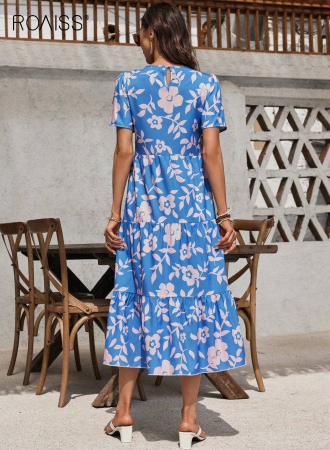 رويس فستان نسائي أنيق بأكمام قصيرة ورقبة دائرية مزين بالزهور، فستان متوسط الطول متعدد الطبقات مزين بكشكشة، فستان فضفاض كاجوال محتشم، مناسب للعطلات، أزرق - Image 2