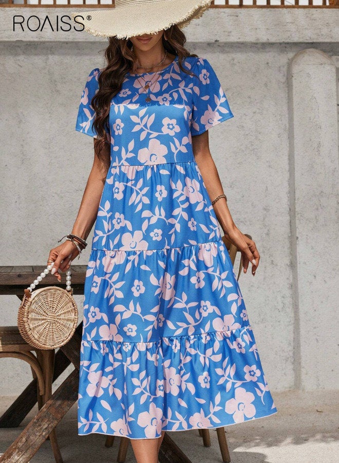 رويس فستان نسائي أنيق بأكمام قصيرة ورقبة دائرية مزين بالزهور، فستان متوسط الطول متعدد الطبقات مزين بكشكشة، فستان فضفاض كاجوال محتشم، مناسب للعطلات، أزرق - Image 1