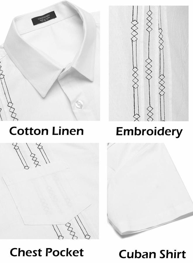 COOFANDY Mens Cuban Guayabera Shirt Short Sleeve Linen Button Down Shirts Casual Summer Beach Tops, White, 3XL - Image 5