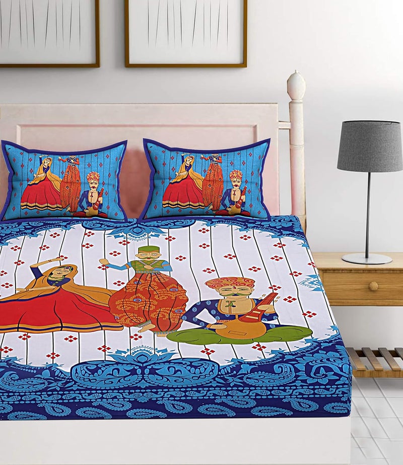 EarlyMart Cotton Comfort 180 TC Floral Rajasthani Jaipuri Traditional Double Bed Bedsheet with 2 Pillow Covers King Size Blue - Image 1