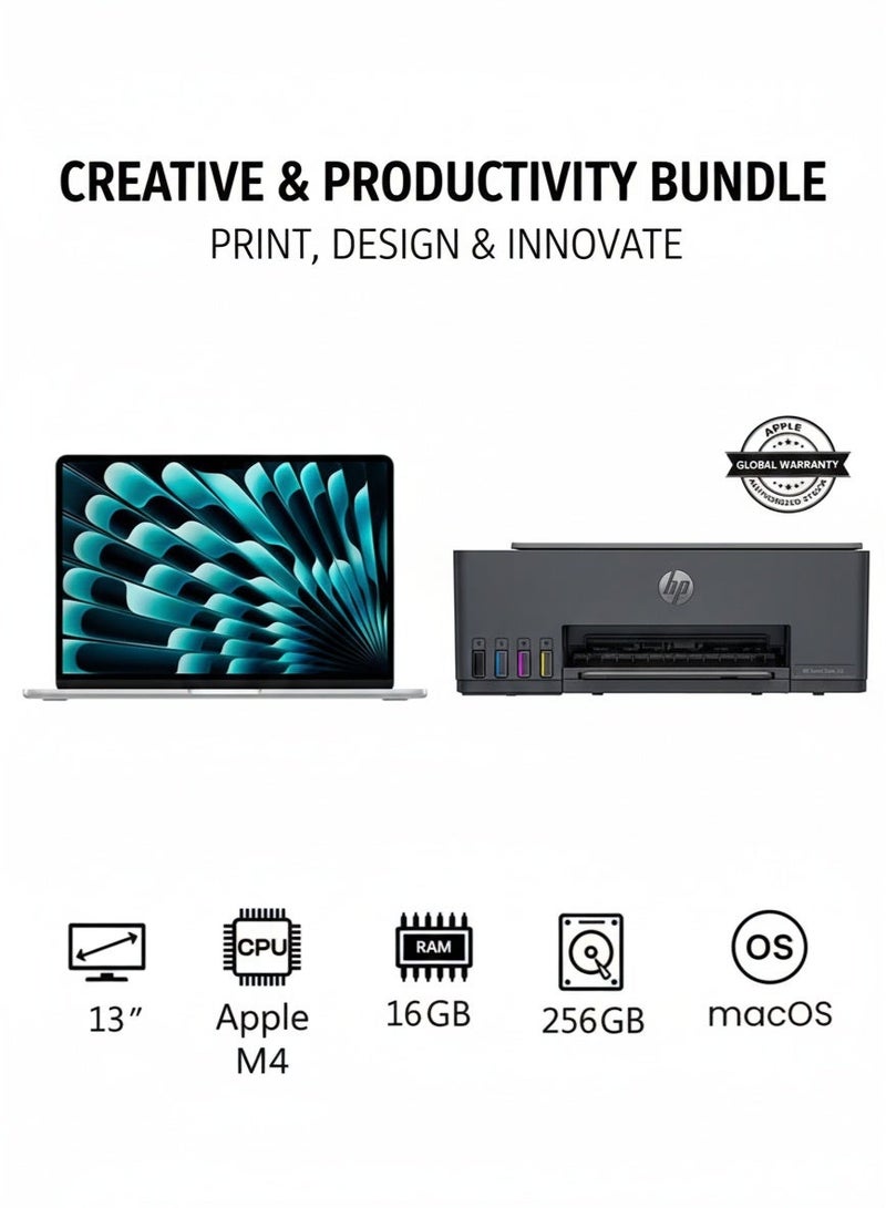 HP Smart Tank 581 Wireless All In One Printer, Print, Scan, Copy, Print up to 6000 black or 6000 color pages - [4A8D4A] Grey/Black & New 2025 MacBook Air MW0W3 13-Inch Display, Apple M4 Chip 10-Core CPU 8-Core GPU Processor/16GB RAM/256GB SSD/macOS(International Version) English SilverBundle - Image 1