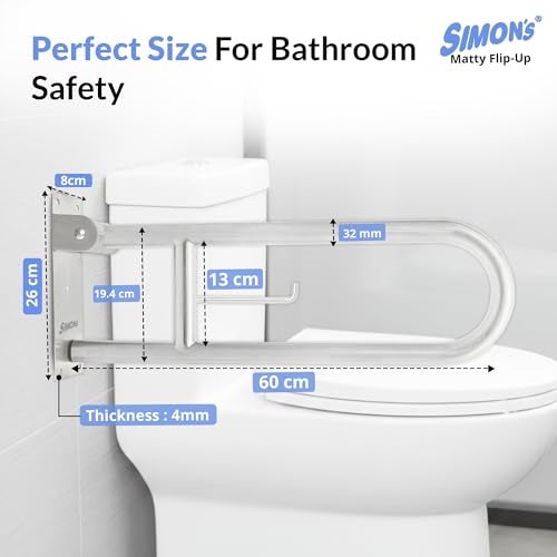 Simon's Simon’s Matty Flip-Up Heavy Duty 32mm Thick SS304 Folding Grab bar for Toilet and Commode Rising of Elderly Safety Anti Slip handrail and Support Handle - 60 cm - Pack of 1 - Image 3