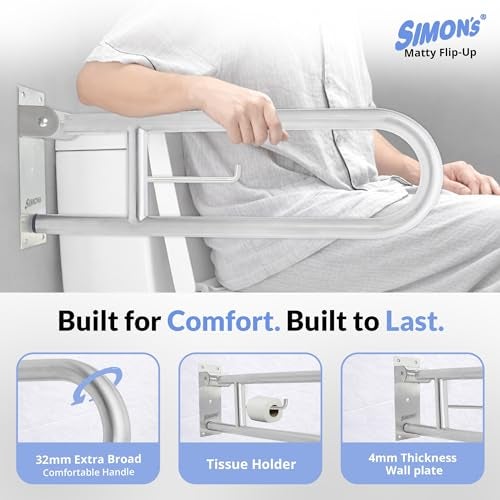 Simon's Simon’s Matty Flip-Up Heavy Duty 32mm Thick SS304 Folding Grab bar for Toilet and Commode Rising of Elderly Safety Anti Slip handrail and Support Handle - 60 cm - Pack of 1 - Image 2