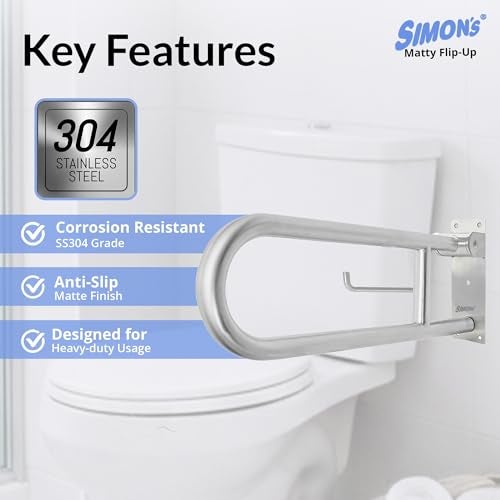 Simon's Simon’s Matty Flip-Up Heavy Duty 32mm Thick SS304 Folding Grab bar for Toilet and Commode Rising of Elderly Safety Anti Slip handrail and Support Handle - 60 cm - Pack of 1 - Image 4