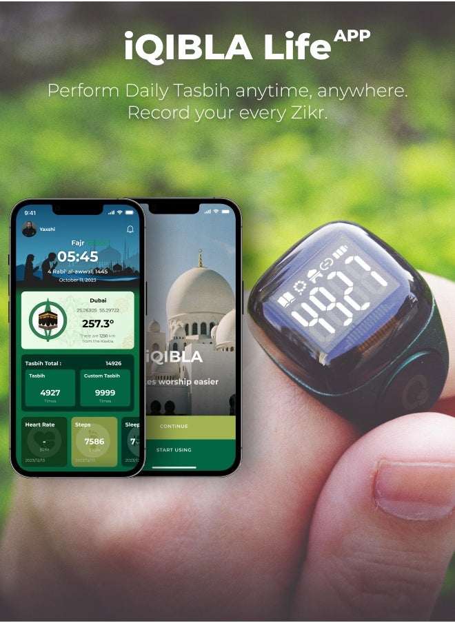iQIBLA - UMEOX iQIBLA Smart Zikr Ring Noor Black 20MM | 5 Prayer Time Reminders | Tasbih Smart Counter | 0.69-inch large screen | iQIBLA Social Life App(Points Redemption,Sleep,Heart Rate,Steps...) | Tracks 9999 counts | iQIBLA Service - Image 1