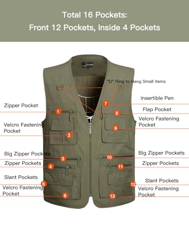 Flygo Men's Fishing Vest Utility Lightweight Outdoor Travel Safari Photo Cargo Vest with 16 Pockets Style 01 Beige XL - Image 4