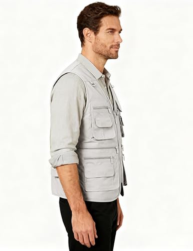 Flygo Men's Fishing Vest Utility Lightweight Outdoor Travel Safari Photo Cargo Vest with 16 Pockets Style 01 Beige XL - Image 3