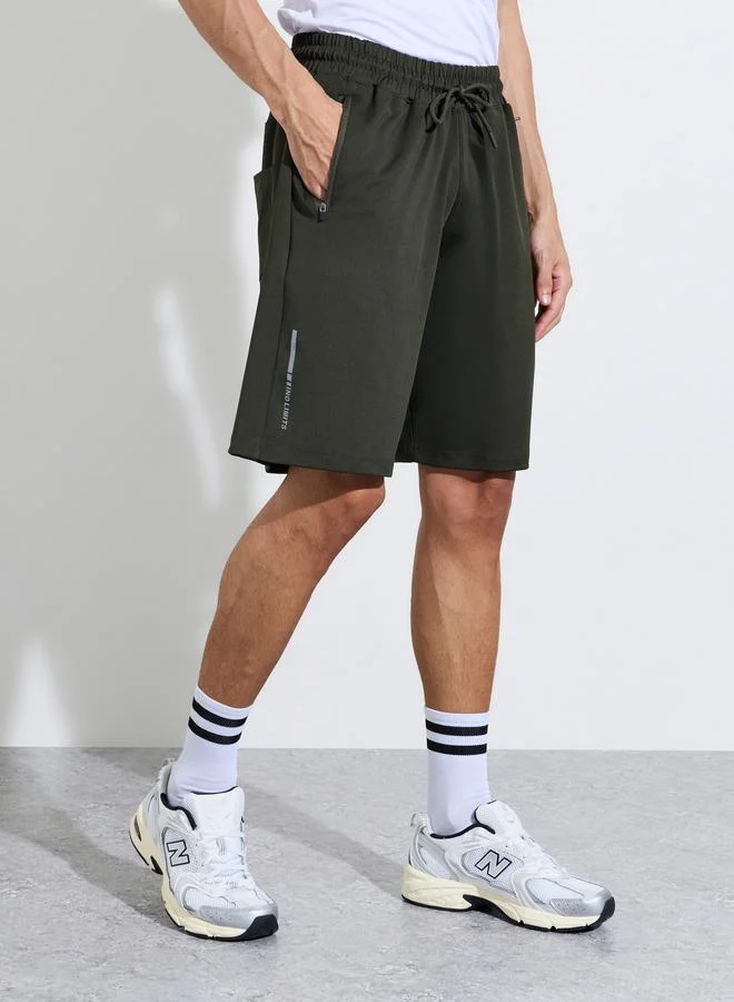 Olive Green Solid Regular Fit Zip Pocket Active Shorts
