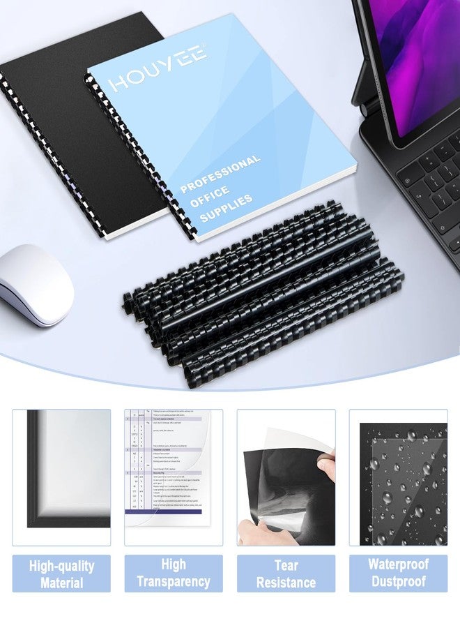 HOUYEE 180 Pack Binding Covers Set: 60 Pcs 3/8 Inch Black Binding Combs, 8.5x11 Inches, 60 Pcs 10 Mil Clear Binding Covers, 60 Pcs 12Mil Black Sand Texture, Letter Size - Image 3