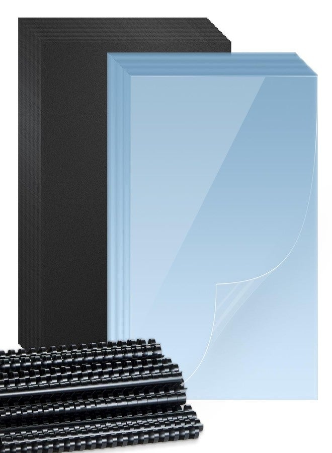 HOUYEE 180 Pack Binding Covers Set: 60 Pcs 3/8 Inch Black Binding Combs, 8.5x11 Inches, 60 Pcs 10 Mil Clear Binding Covers, 60 Pcs 12Mil Black Sand Texture, Letter Size - Image 1