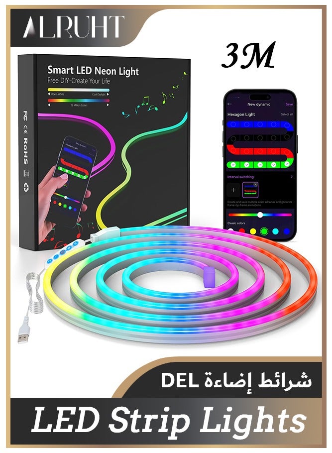 Alruht 3M LED Strip Lights, Waterproof Flexible RGB Strip Lights with Remote and App Control, LED Tape Lights and Neon Rope Lights for TV Backlight, Gaming Lights, Bedroom Decor, Party Atmosphere - Image 1