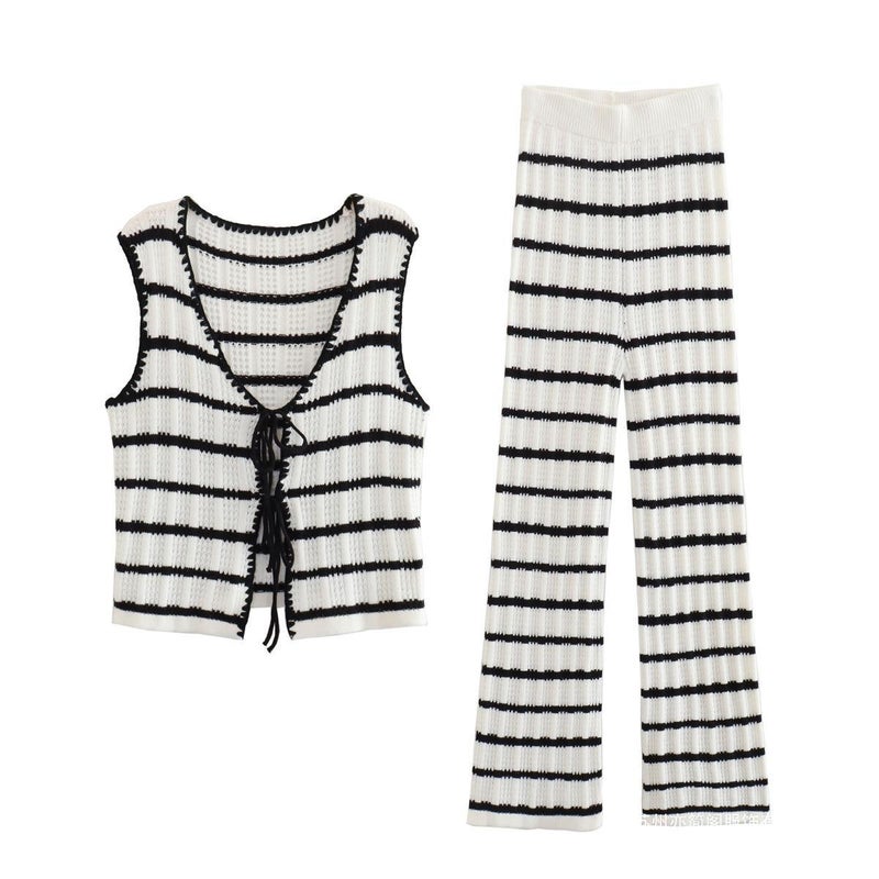 2023 Summer New Y2K European and American Womens Fashion Classic Crochet Striped Top + Knitted Pants Set Top  - Image 2