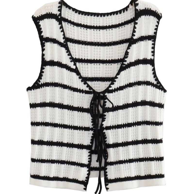 2023 Summer New Y2K European and American Womens Fashion Classic Crochet Striped Top + Knitted Pants Set Top  - Image 3