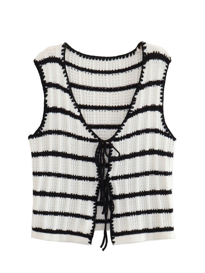 2023 Summer New Y2K European and American Womens Fashion Classic Crochet Striped Top + Knitted Pants Set Top  - Image 1