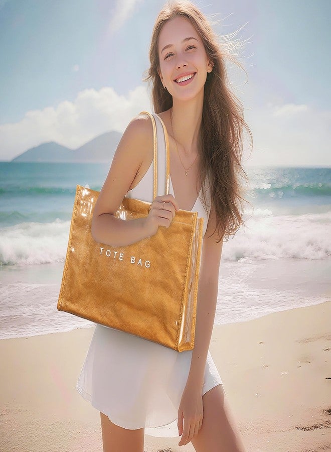 Lushandy PVC Tote Bag for Women, Large Plastic Tote Purse Work Kraft Paper Letter Print Shoulder Bag Carry All Hobo Handbag - Image 5