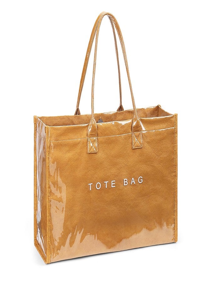 Lushandy PVC Tote Bag for Women, Large Plastic Tote Purse Work Kraft Paper Letter Print Shoulder Bag Carry All Hobo Handbag - Image 1
