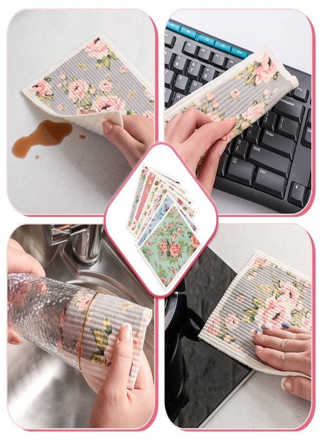 Chengu 6 Pcs Absorbent Swedish Dish Towel Quick Drying Cloths Small Reusable Dishcloth Small Cleaning Cloth Rag for Kitchen Counter(Flower Patterns) - Image 4