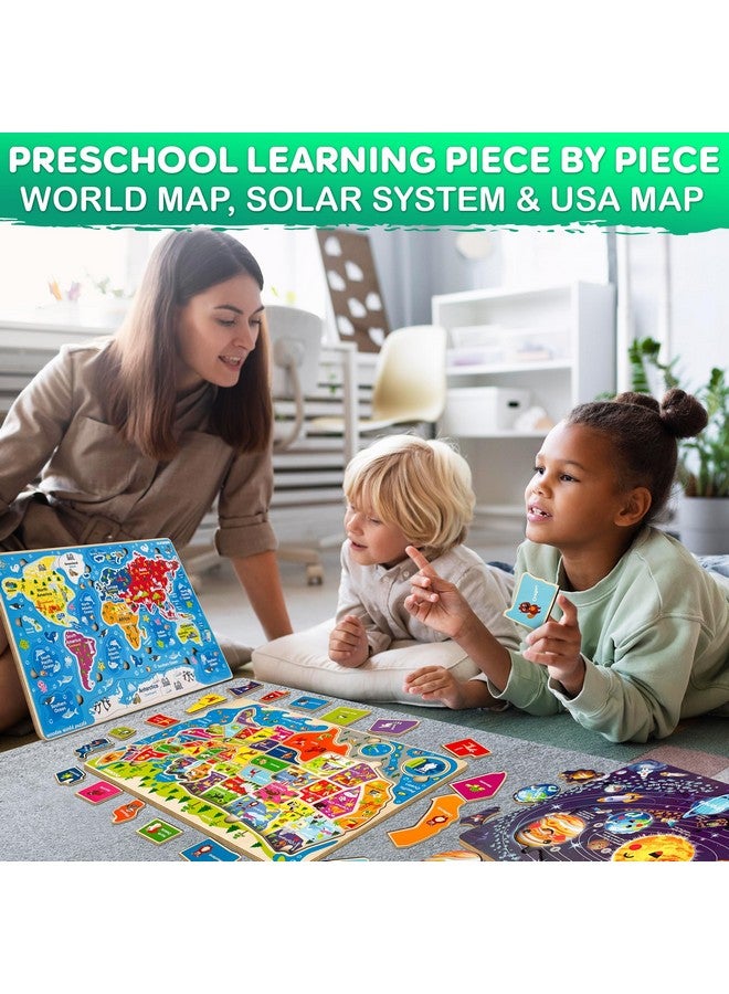 quokka Wooden Puzzles For Kids Ages 4-6 - 3 Educational Wood Toddler Puzzles Ages 3-5 - Learning United States Toddler Game Puzzles Ages 2-4 - Gift World, Space And Usa Maps For Boys And Girls - Image 5