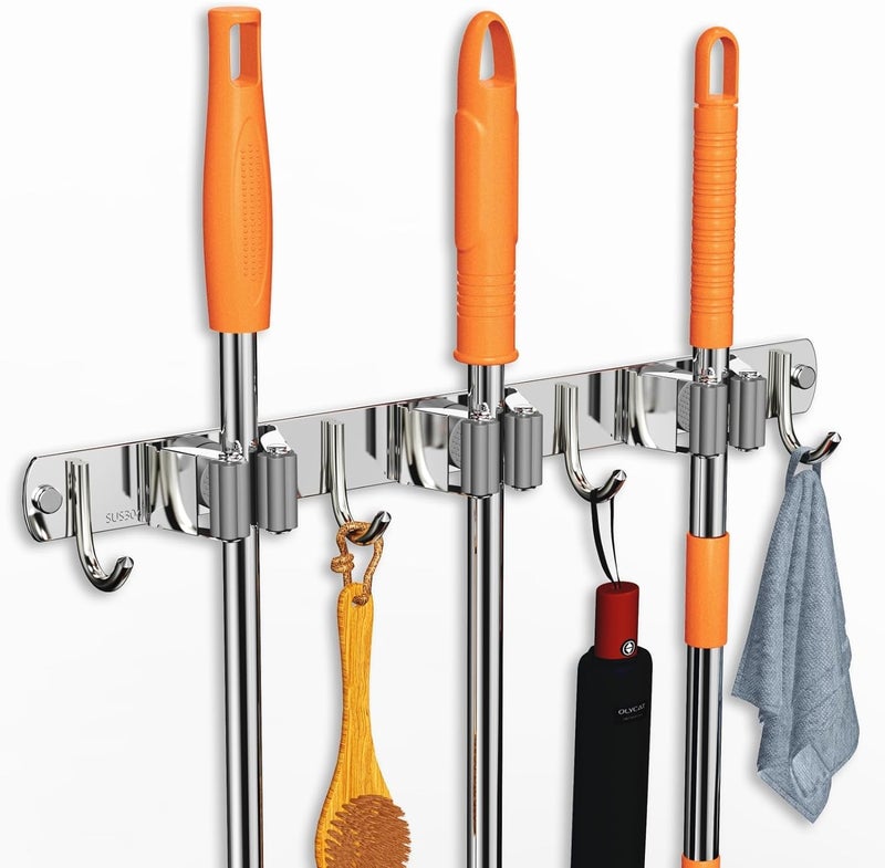 Enclave Stainless Steel Mop and Broom Holder Wall Mounted Adhesive Storage Solutions for Broom mop etc Garage Storage Systems Broom Organizer 3 RACK 4 HOOKSILVER PACK OF 1 - Image 1