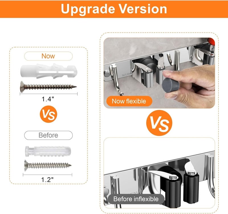 Enclave Stainless Steel Mop and Broom Holder Wall Mounted Adhesive Storage Solutions for Broom mop etc Garage Storage Systems Broom Organizer 3 RACK 4 HOOKSILVER PACK OF 1 - Image 5