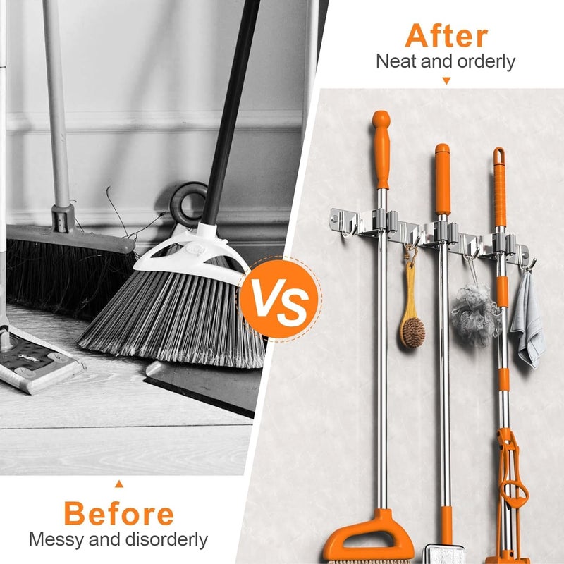 Enclave Stainless Steel Mop and Broom Holder Wall Mounted Adhesive Storage Solutions for Broom mop etc Garage Storage Systems Broom Organizer 3 RACK 4 HOOKSILVER PACK OF 1 - Image 2