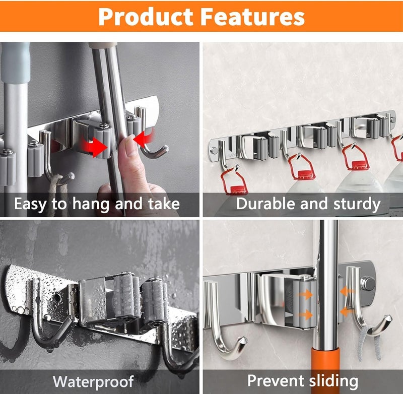 Enclave Stainless Steel Mop and Broom Holder Wall Mounted Adhesive Storage Solutions for Broom mop etc Garage Storage Systems Broom Organizer 3 RACK 4 HOOKSILVER PACK OF 1 - Image 3