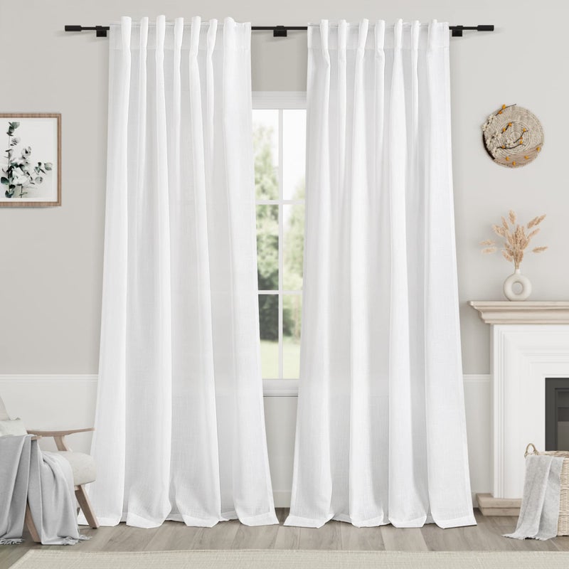 Nanspring White Semi Sheer Linen Curtains 90 inch Length for Living Room Back Tab Rod Pocket Modern Farmhouse Coastal Decor Off White Cotton Textured Gauze Curtains 90 inches Long for Dining Room Office - Image 1