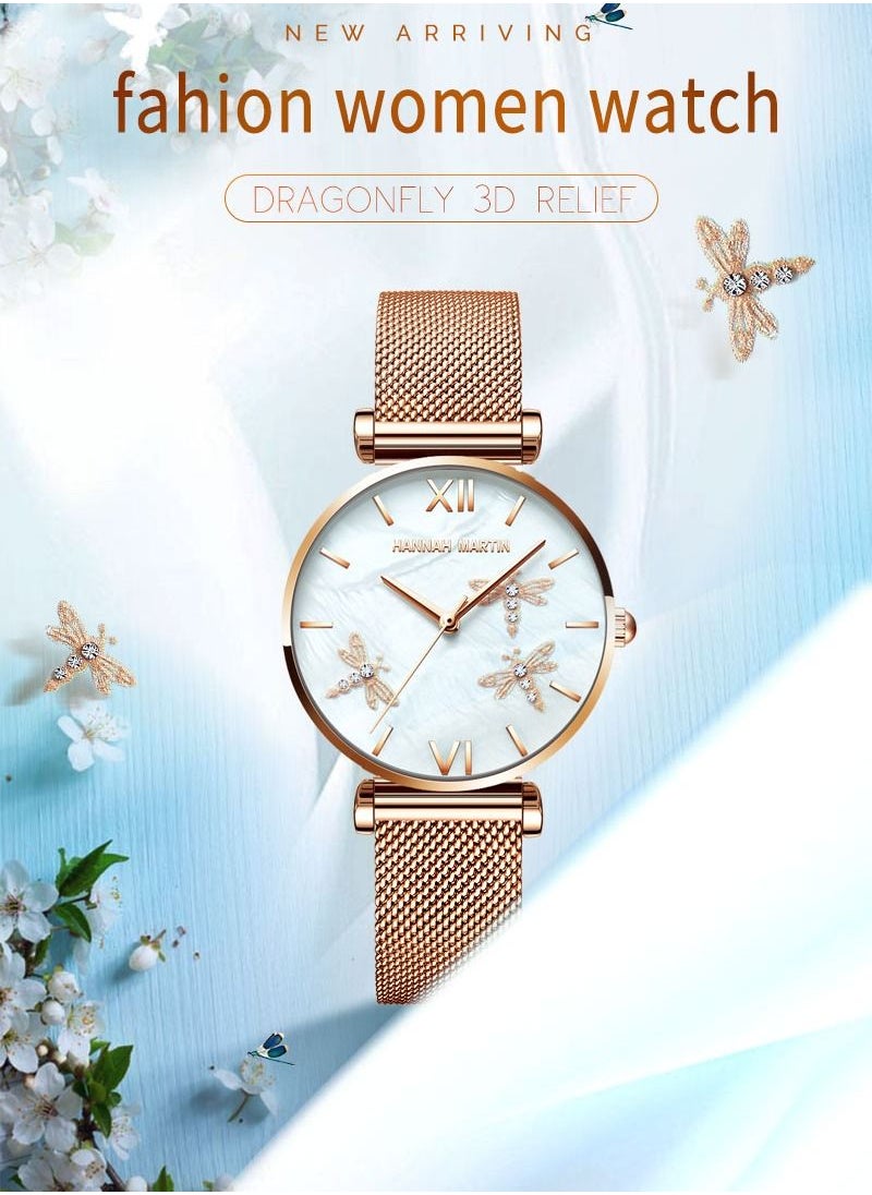 Hannah Martin - Dragonfly Design Luxury Pearl Oyster Scallop Japan Quartz Akoya Pearl Shell Stainless Steel Women Watch - Image 1