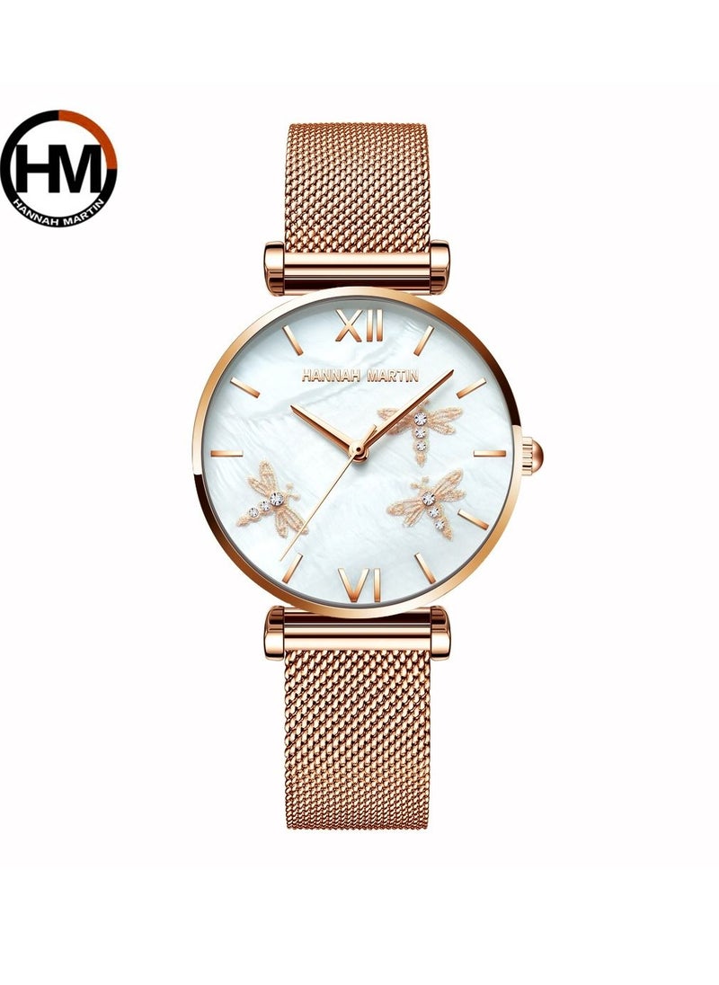 Hannah Martin - Dragonfly Design Luxury Pearl Oyster Scallop Japan Quartz Akoya Pearl Shell Stainless Steel Women Watch - Image 1
