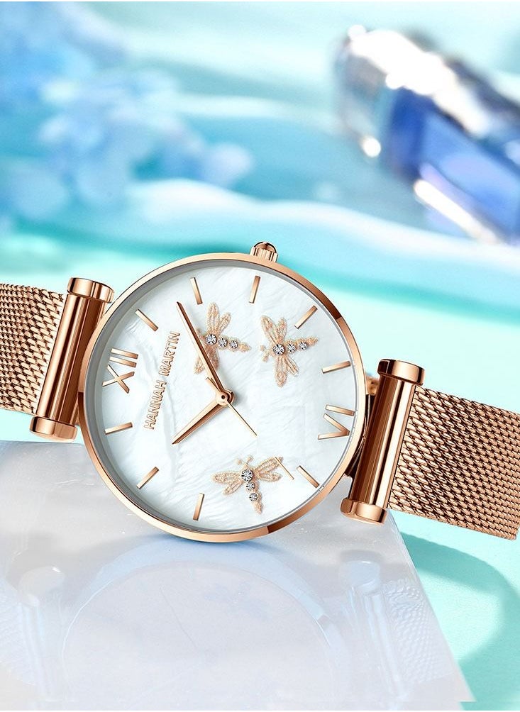 Hannah Martin - Dragonfly Design Luxury Pearl Oyster Scallop Japan Quartz Akoya Pearl Shell Stainless Steel Women Watch - Image 1
