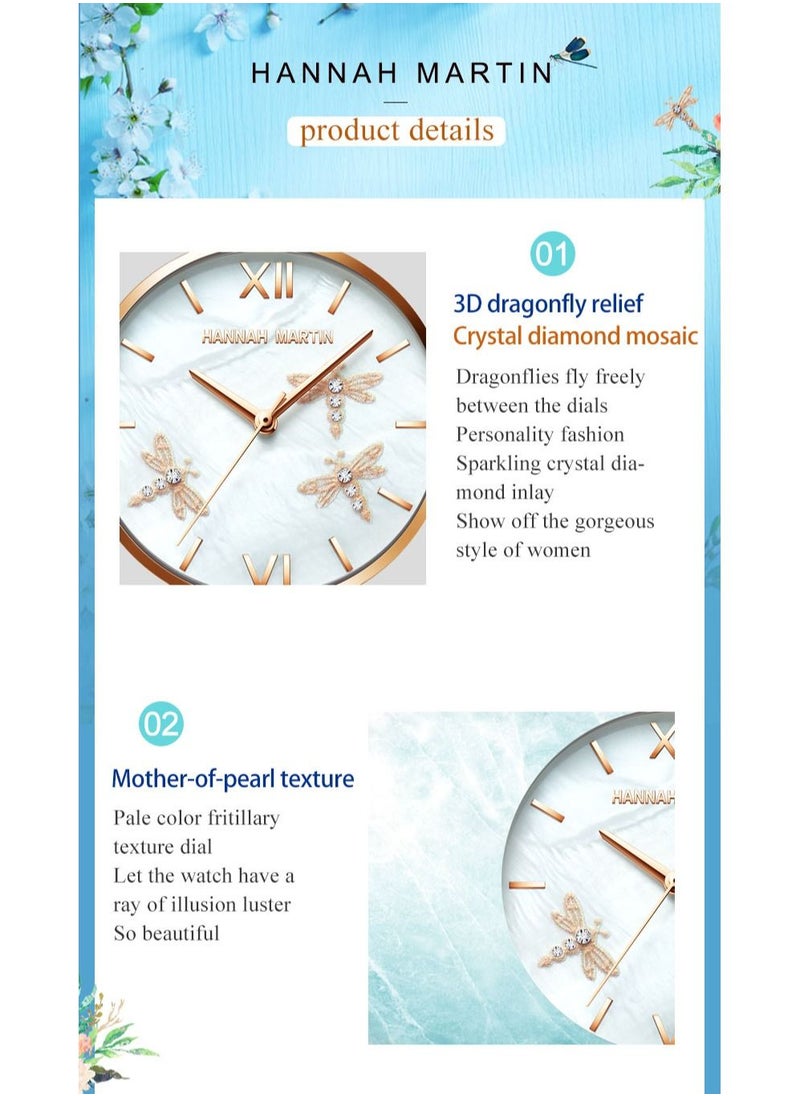 Hannah Martin - Dragonfly Design Luxury Pearl Oyster Scallop Japan Quartz Akoya Pearl Shell Stainless Steel Women Watch - Image 1