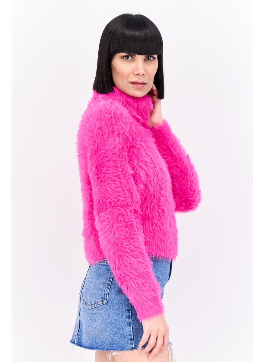 Bershka Women Turtle Neck Long Sleeve Textured Sweater, Pink  - Image 2