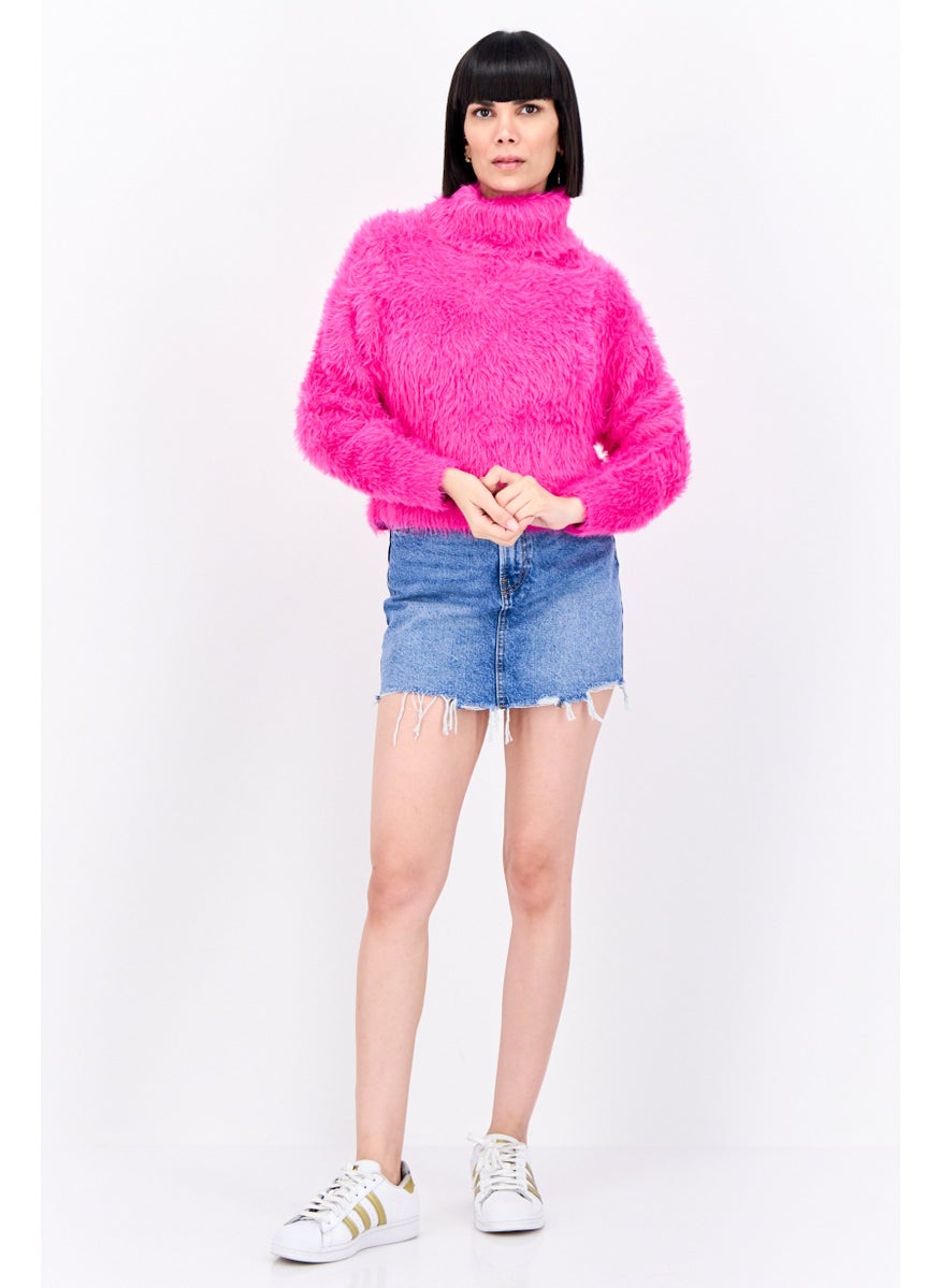 Bershka Women Turtle Neck Long Sleeve Textured Sweater, Pink  - Image 4