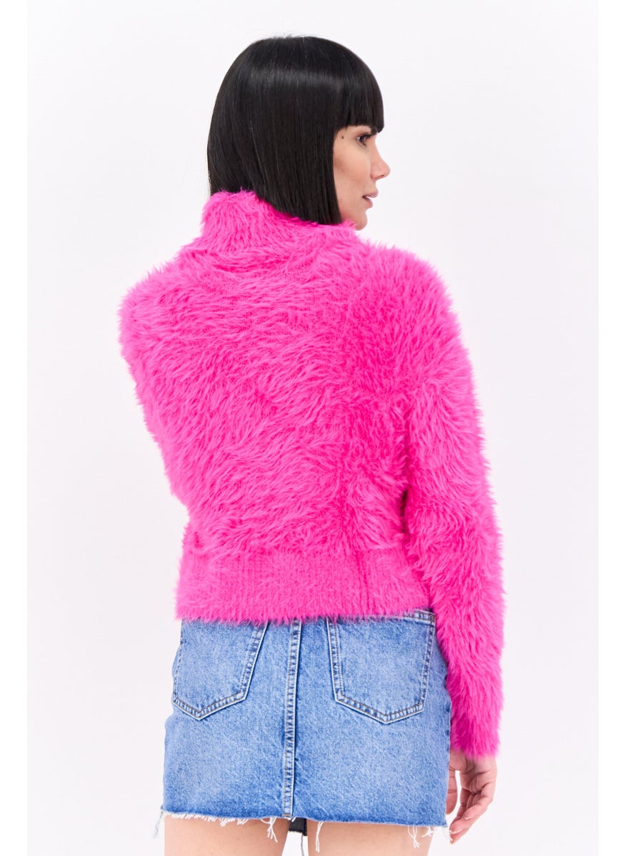 Bershka Women Turtle Neck Long Sleeve Textured Sweater, Pink  - Image 3