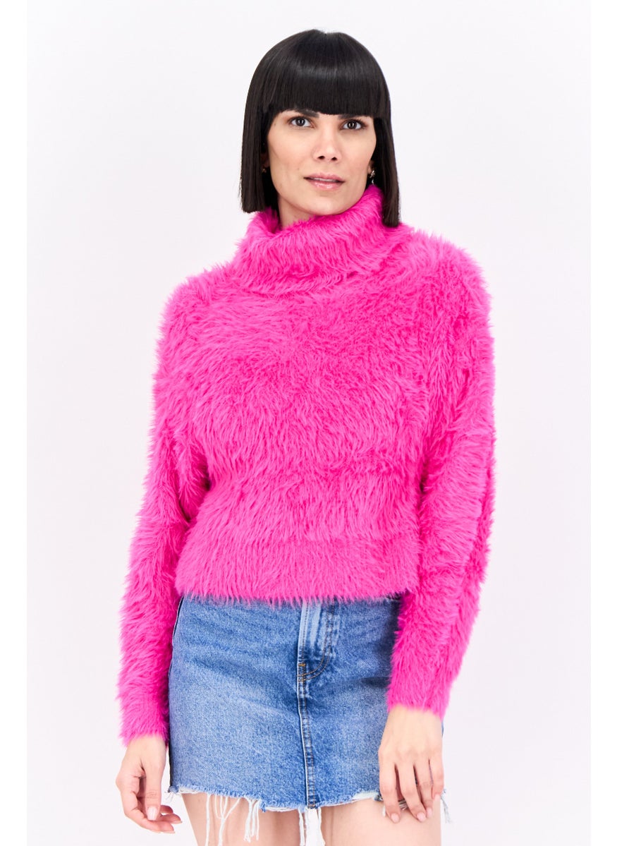 Bershka Women Turtle Neck Long Sleeve Textured Sweater, Pink  - Image 1