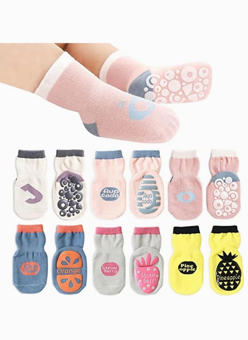 Captaintech Baby Anti-Slip Socks,Ankle Cotton Socks Pack of 6, Spring and Autumn Cartoon Fruit Dispensing Non-slip Floor Socks for Babies, Children's Toddler Girls Socks  - Image 1