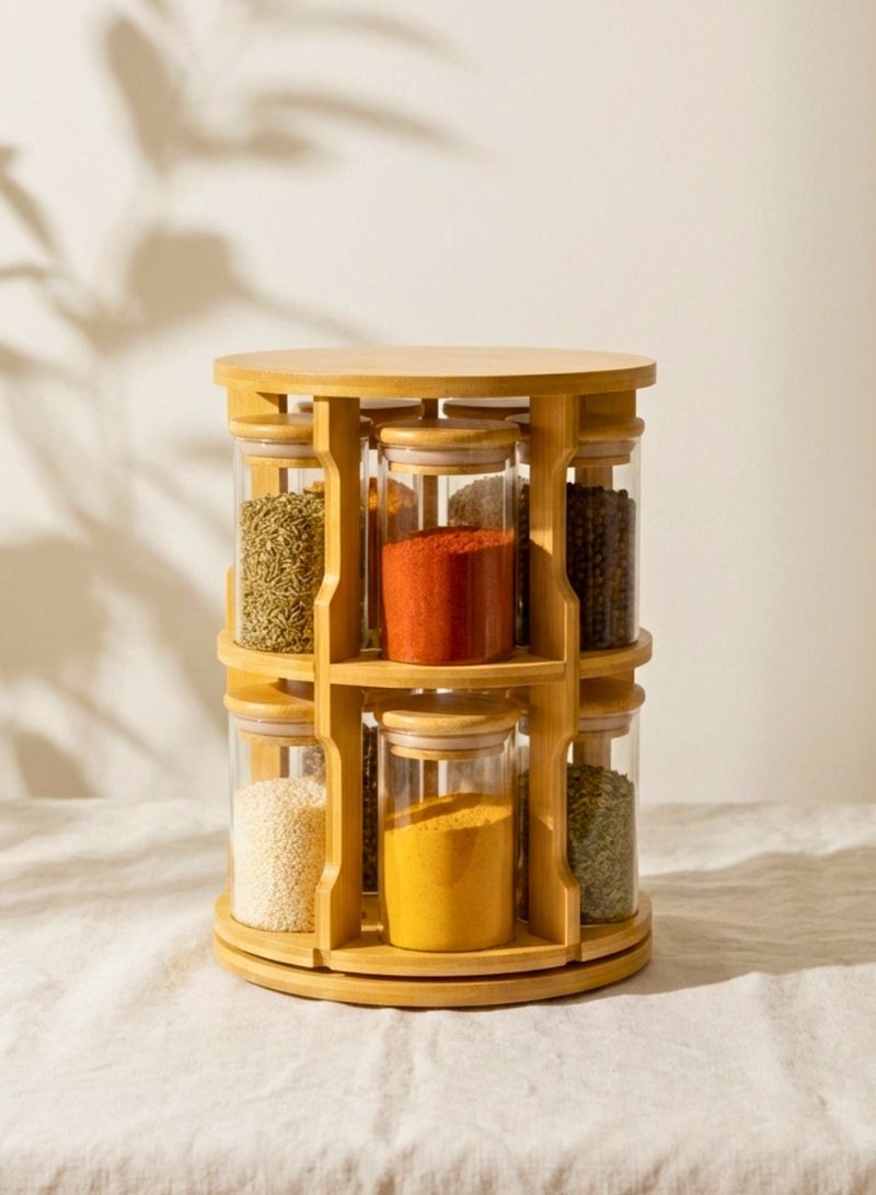 1Chase Rotating Bamboo Tabletop Spice Rack with 10Pcs 270ML  Glass Spice Jars. Swivel Organizer with Wooden Lids for Kitchen Counter, Herbs, Spices & Seasonings - Image 1