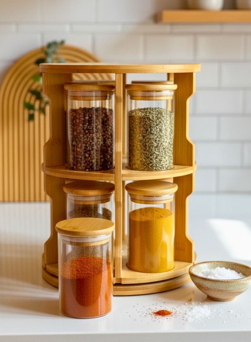 1Chase Rotating Bamboo Tabletop Spice Rack with 10Pcs 270ML  Glass Spice Jars. Swivel Organizer with Wooden Lids for Kitchen Counter, Herbs, Spices & Seasonings - Image 3