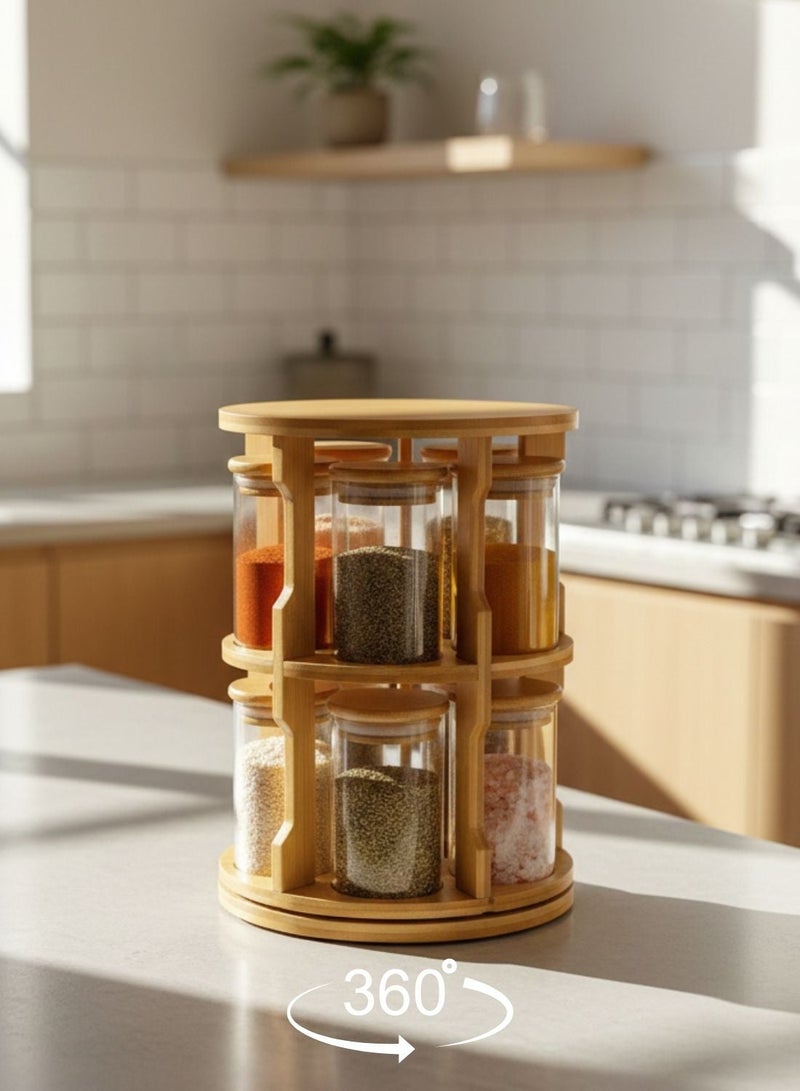 1Chase Rotating Bamboo Tabletop Spice Rack with 10Pcs 270ML  Glass Spice Jars. Swivel Organizer with Wooden Lids for Kitchen Counter, Herbs, Spices & Seasonings - Image 5