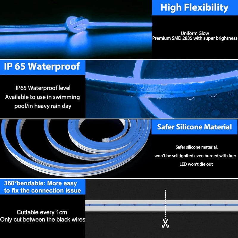 Gesto شريط ضوء نيون LED بطول 16.4 قدم مع محول 12 فولت | مقاوم للماء، مرن وقابل للقص لتزيين ديوالي، تزيين الجدران، إضاءة داخلية وخارجية، لافتة نيون وتصميم اسم مخصص - أزرق - Image 4