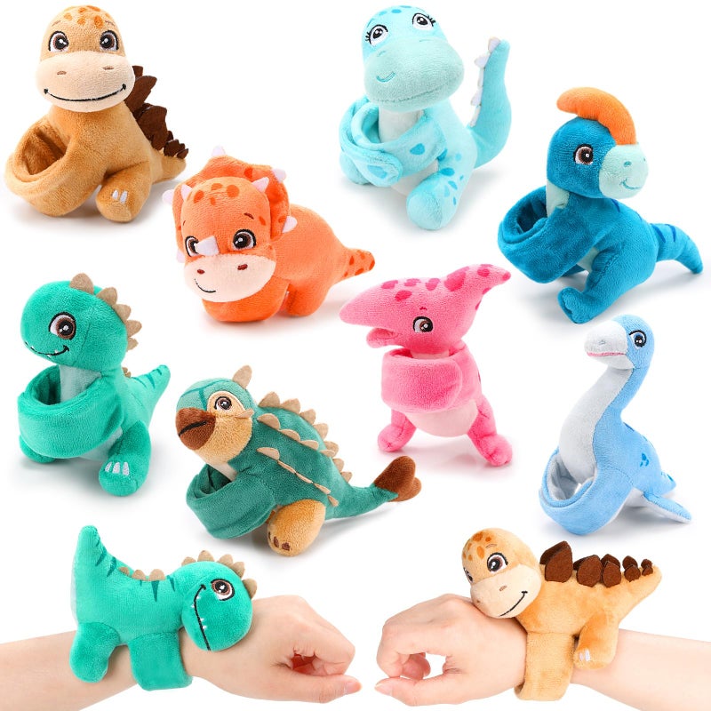 Liliful 8 Pack Kids Plush Gifts Easter Stuffed Animal Cat Slap Bracelets 8 Inch Class Prizes Toys Wrist Band Cute Snap Bracelet Birthday for Boys Girls Child Pet Adoption Party FavorsDinosaur - Image 2