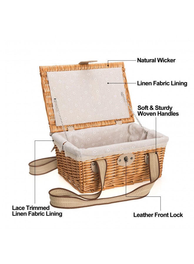 Jolly Home JOLLY HOME Picnic Basket for 2 Persons, Handmade Wicker Picnic Basket with Two Woven Canvas Handles & Washable Linen Lining, Natural Willow Hamper for Outdoor Picnic. Great Gift for Every Occasion  - Image 2