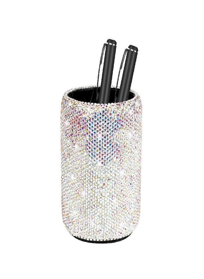 KEYPOWER - KEYPOWER Crystal Pencil Pen Pot Holder Box Bling Rhinestone Pen Organizer Holder Cosmetic Pen Container Comb Brushes Personalized (Round)(AB Color) - Image 1