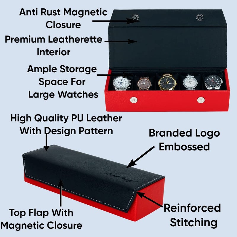 Hard Craft Watch Box Organizer Vegan Leather for 5 Watches - Image 4