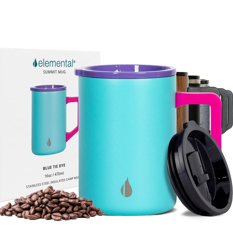Elemental Insulated Coffee Mug  TripleWall Stainless Steel Summit Travel Cup for Hot and Cold Drinks  Thermal Coffee Mug with Lid and Handle for Camping Office  Trave 16oz  Blue Tie Dye