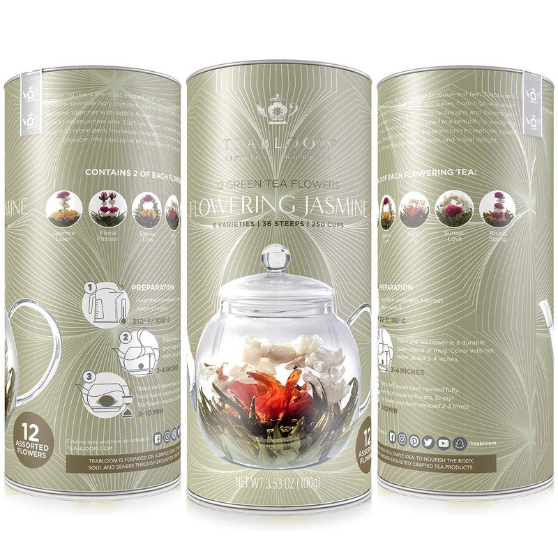 Teabloom Jasmine Flowering Tea - Hand Tied Green Tea Leaves + Jasmine Blossoms Flowering Tea Creations - Blooming Tea Gift Set - 12-Pack, 36 Steeps, Makes 250 Cups - Image 4